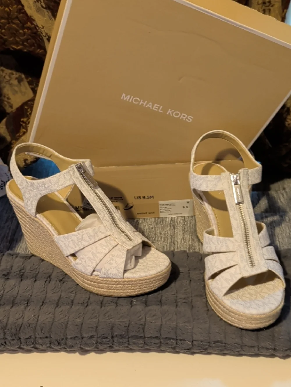 Michael Kors Ivory Logo Espadrille Wedge Sandals with Front Zip - Picture 4 of 5